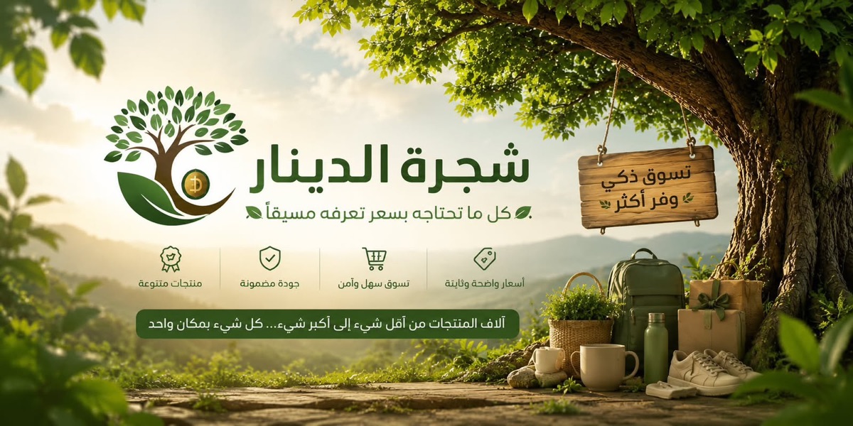 لافتة شجرة الدينار: شجرة كبيرة وشعار المتجر مع العبارات — كل ما تحتاجه بسعر تعرفه مسبقاً، وآلاف المنتجات من أقل شيء إلى أكبر شيء، كل شيء بمكان واحد.
